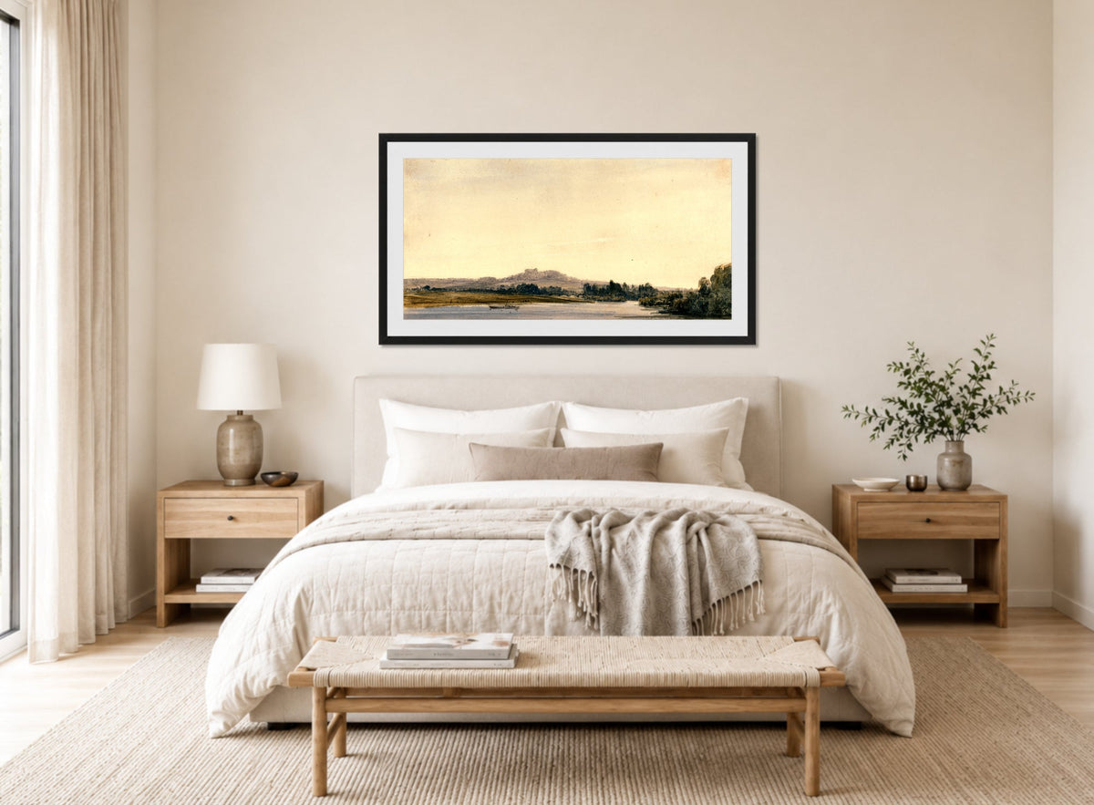 William Callow Print, Mont-Valérien from Bois de Boulogne (1834) displayed above a bed