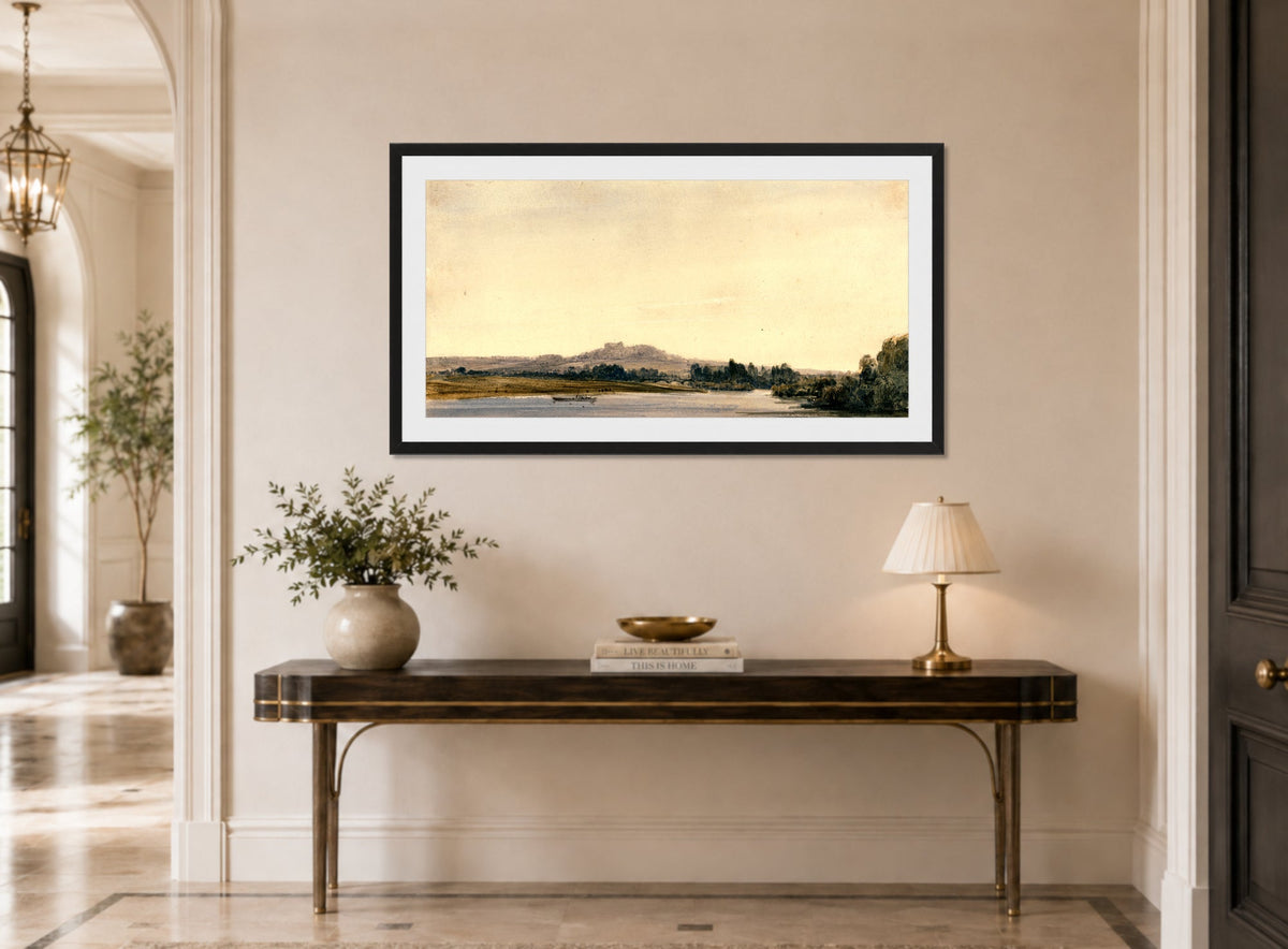 William Callow Print, Mont-Valérien from Bois de Boulogne (1834) displayed above a console table