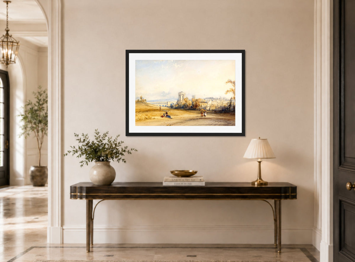 William Callow Print, Montpellier, South of France (c displayed above a console table