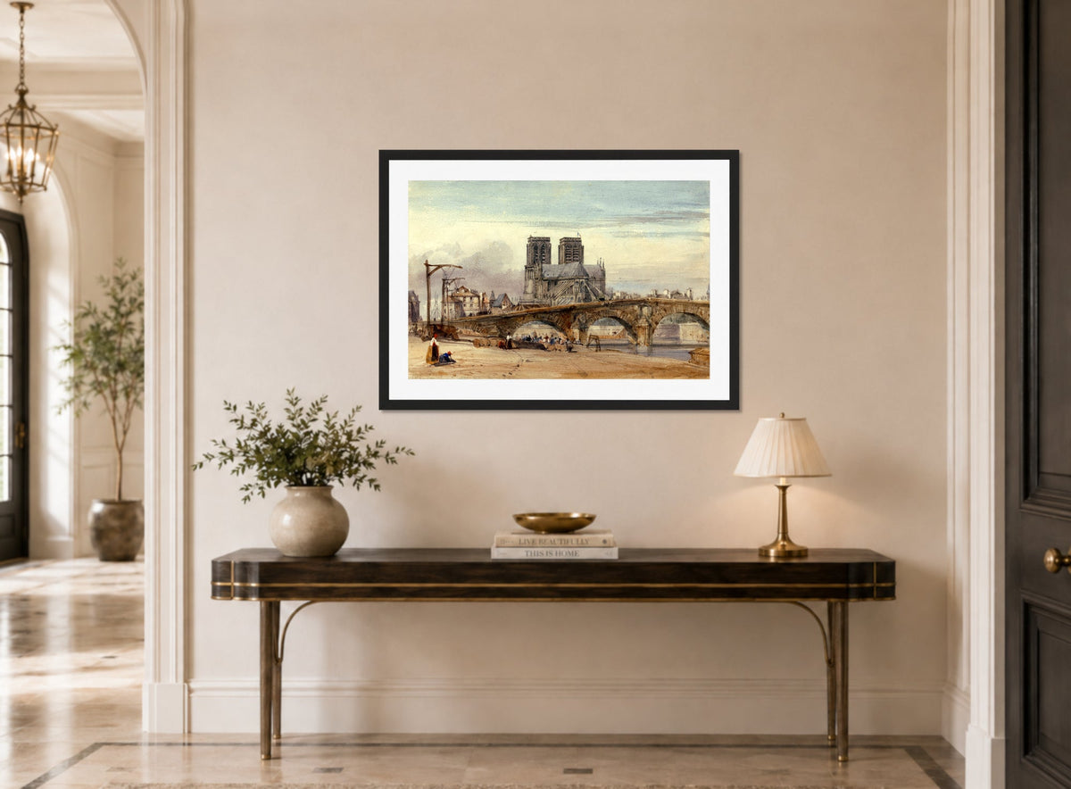 William Callow Print, Notre Dame, Paris (1835) displayed above a console table