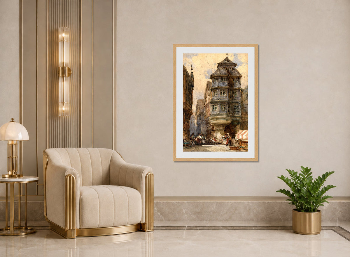 William Callow Print, Old houses, Frankfurt displayed in an Art Deco interior