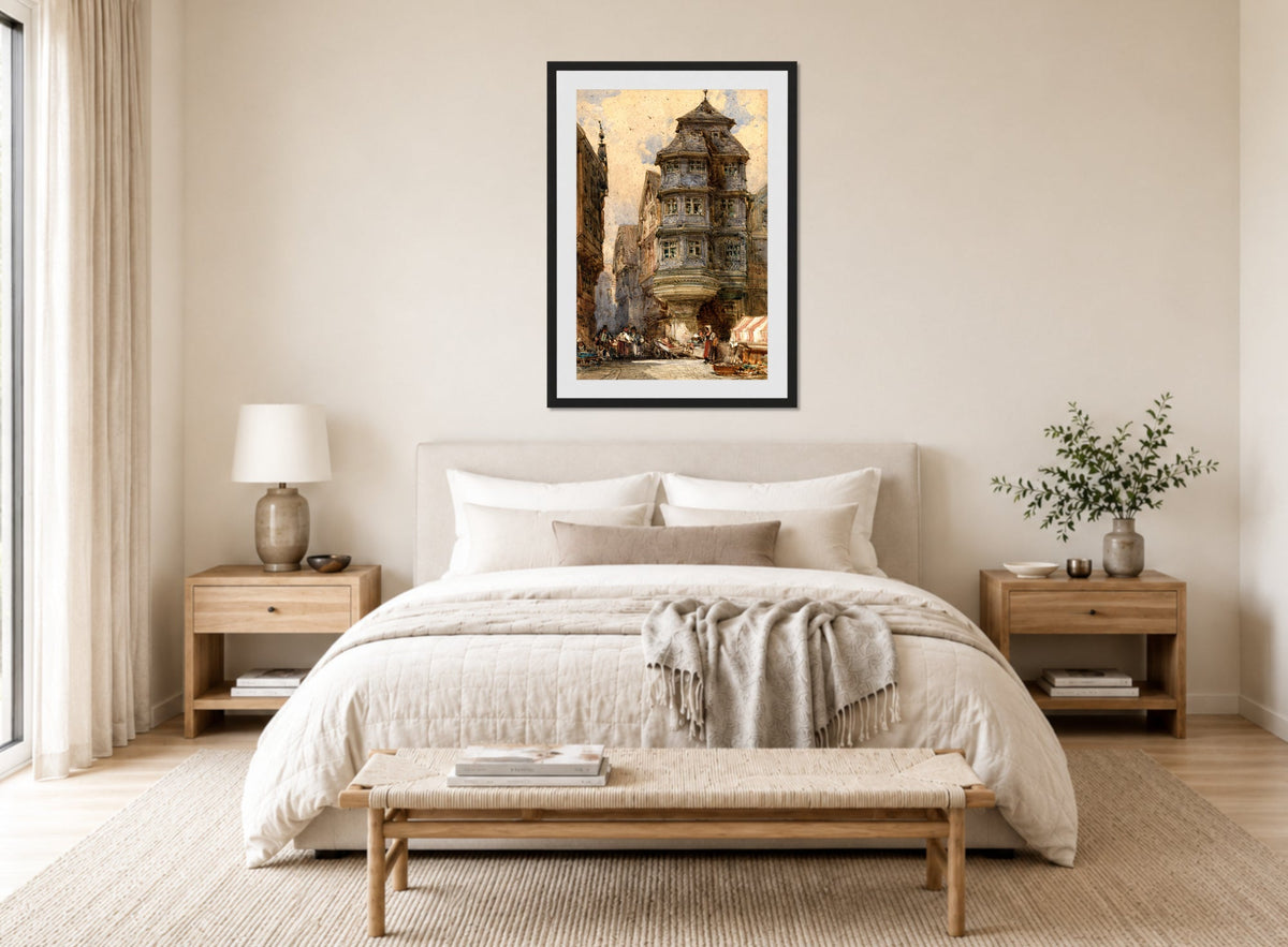 William Callow Print, Old houses, Frankfurt displayed above a bed