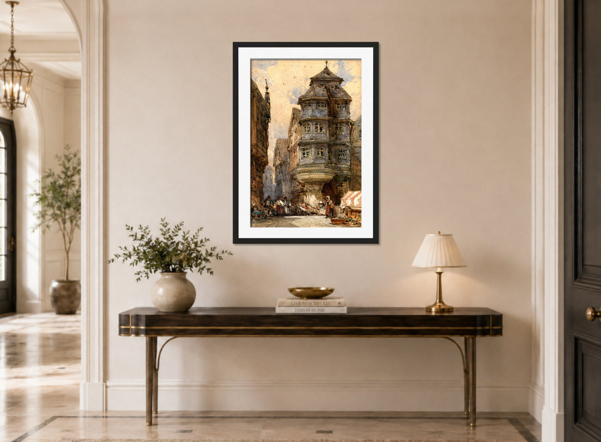 William Callow Print, Old houses, Frankfurt displayed above a console table
