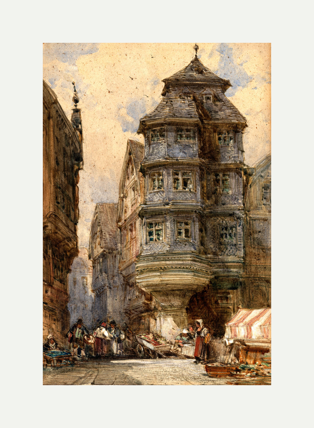 William Callow Print, Old houses, Frankfurt with an off-white border for rolled canvas