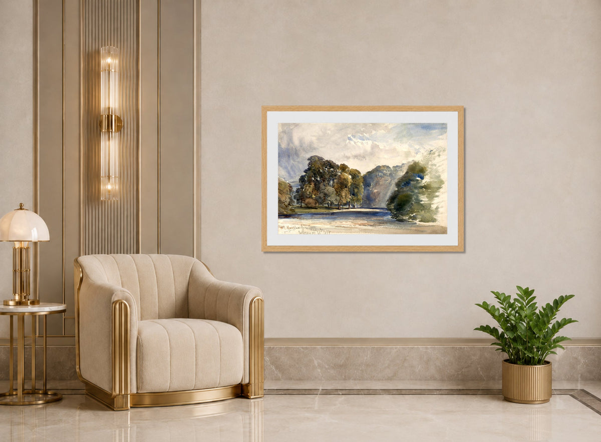 William Callow Print, On the Wharfe, Bolton Abbey (1858) displayed in an Art Deco interior