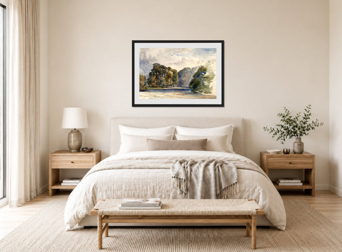 William Callow Print, On the Wharfe, Bolton Abbey (1858) displayed above a bed