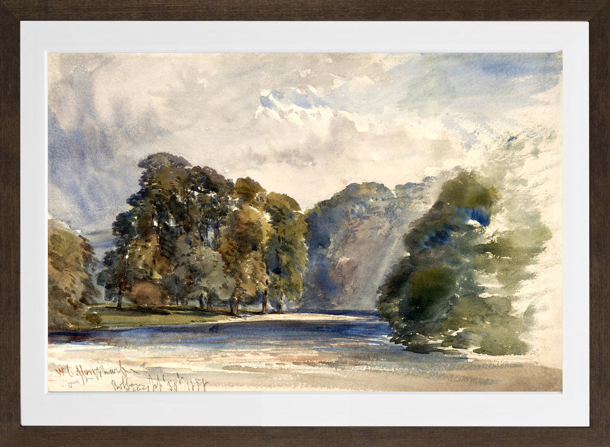 William Callow Print, On the Wharfe, Bolton Abbey (1858) in a brown frame