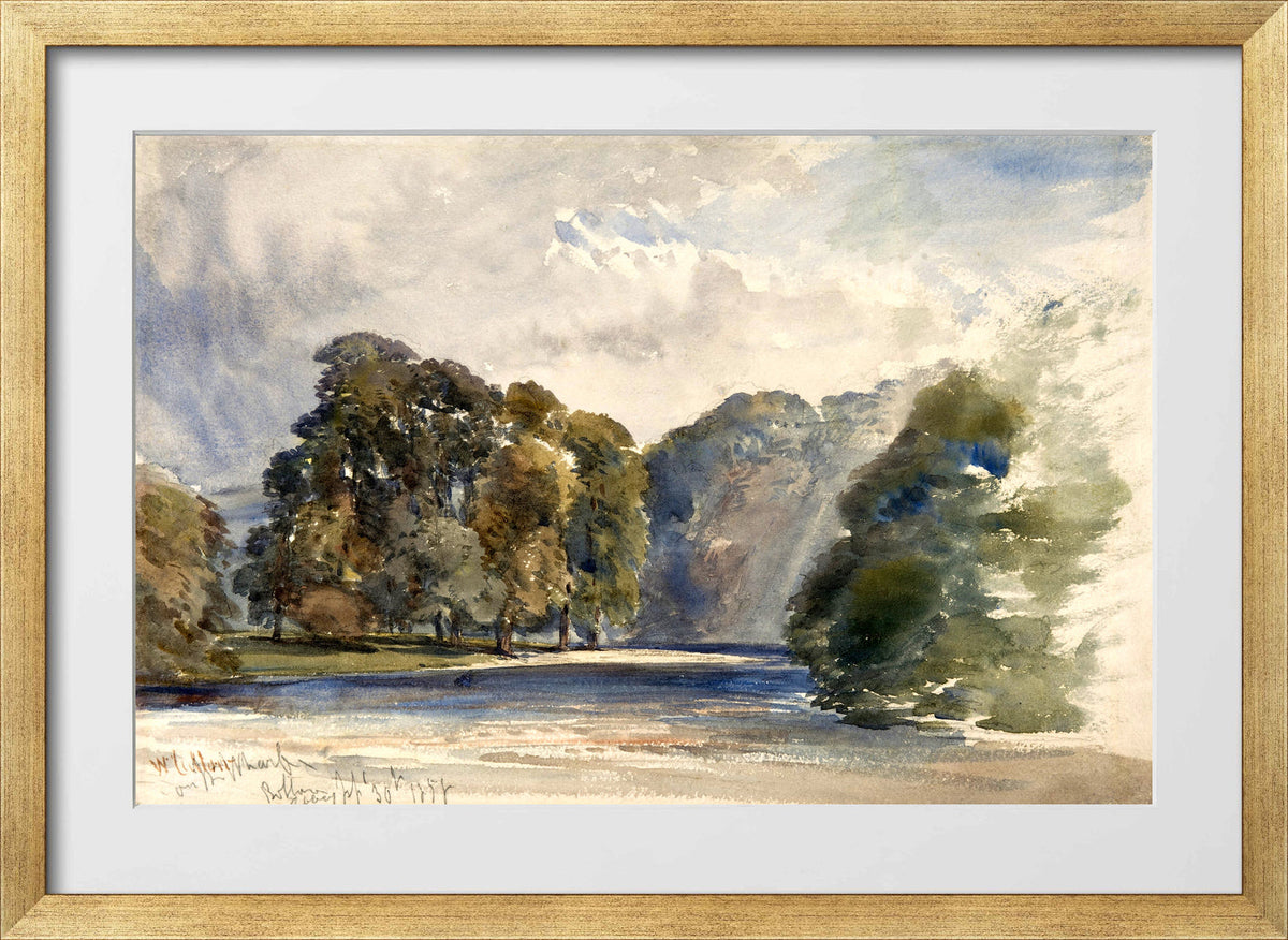 William Callow Print, On the Wharfe, Bolton Abbey (1858) in a gold frame