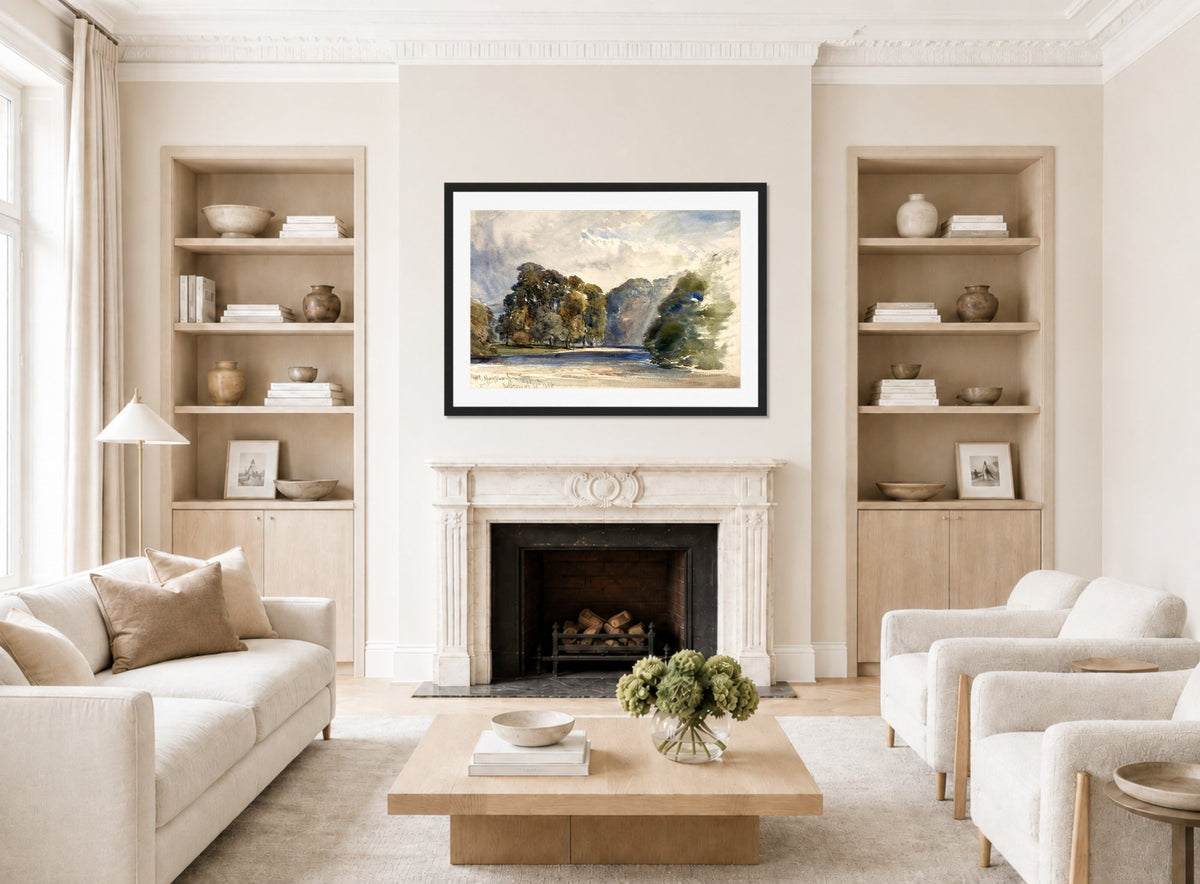 William Callow Print, On the Wharfe, Bolton Abbey (1858) displayed in a Scandinavian living room