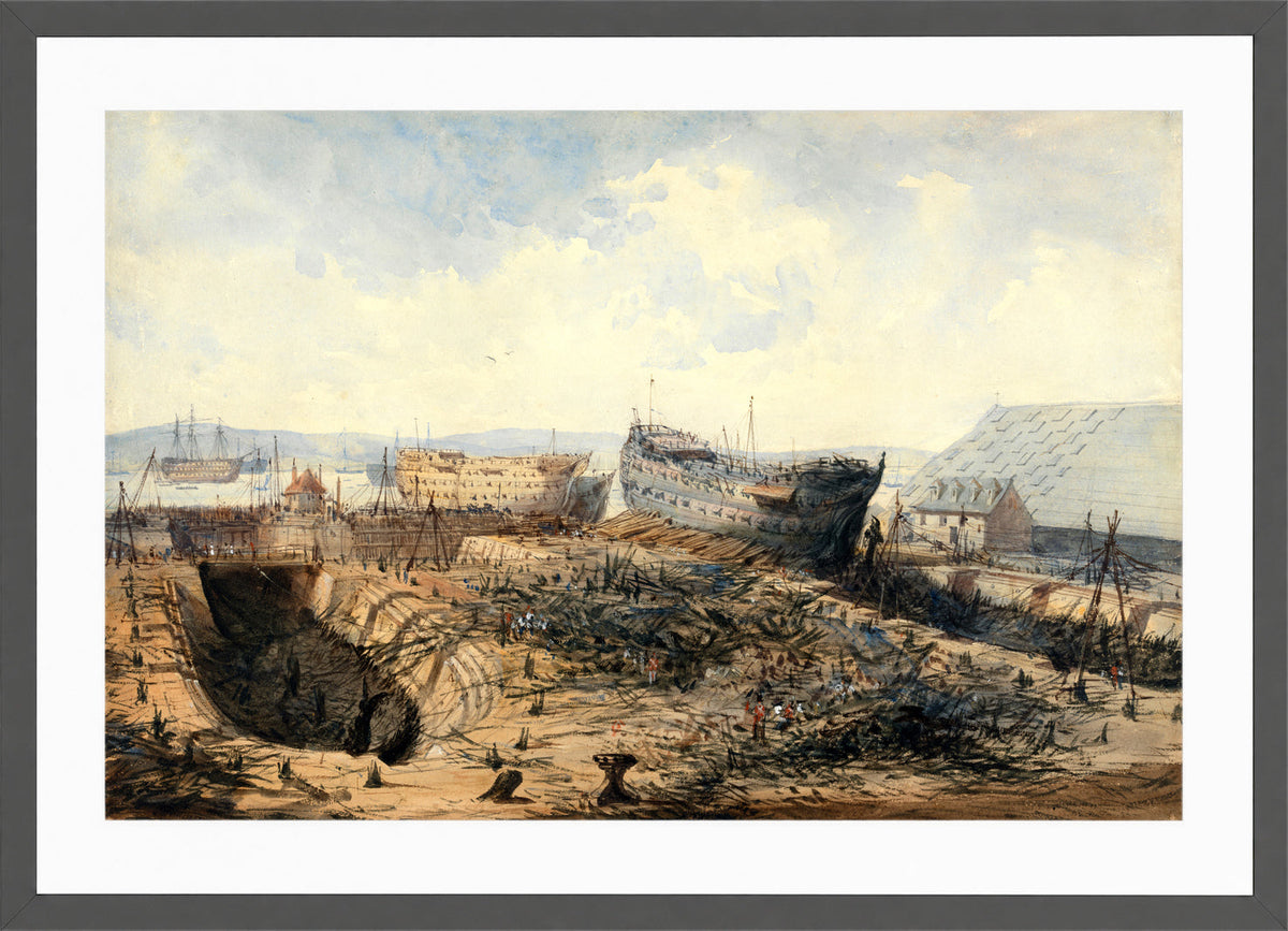 William Callow Print, Plymouth Dockyard after the Fire (1840) in a dark grey frame