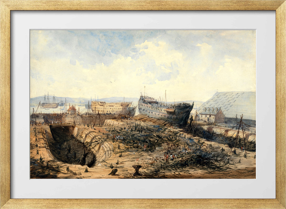William Callow Print, Plymouth Dockyard after the Fire (1840) in a gold frame