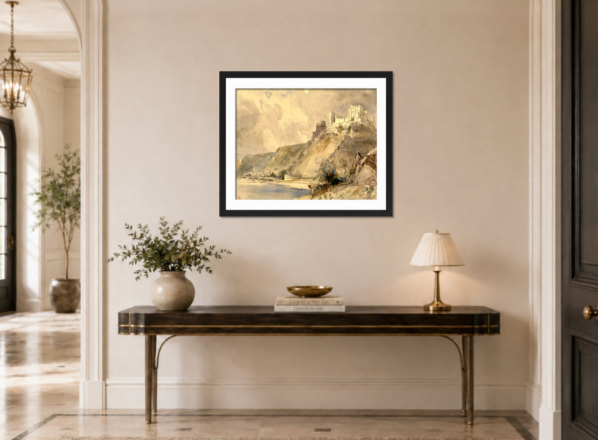 William Callow Print, Rheinfels and St displayed above a console table