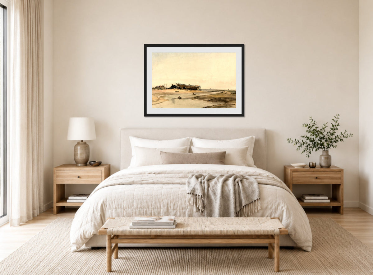 William Callow Print, Ship Building (1841) displayed above a bed