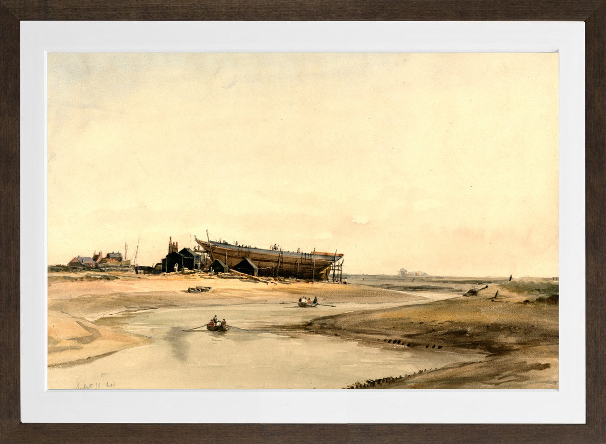 William Callow Print, Ship Building (1841) in a brown frame