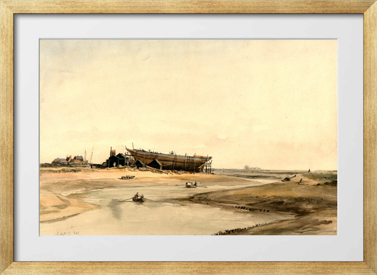 William Callow Print, Ship Building (1841) in a gold frame