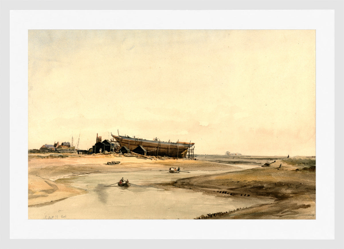 William Callow Print, Ship Building (1841) in a white frame
