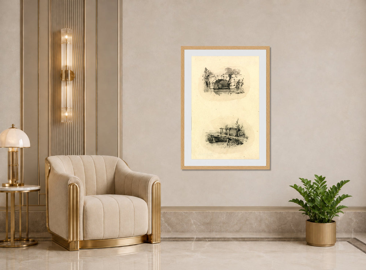 William Callow Print, Stone Bridge_ Wooden Footbridge displayed in an Art Deco interior