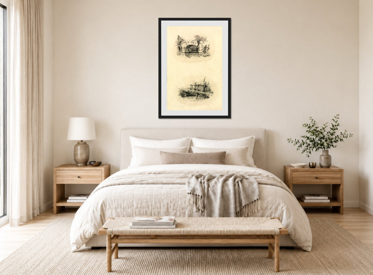 William Callow Print, Stone Bridge_ Wooden Footbridge displayed above a bed