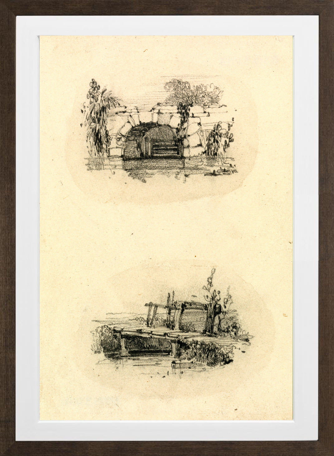 William Callow Print, Stone Bridge_ Wooden Footbridge in a brown frame