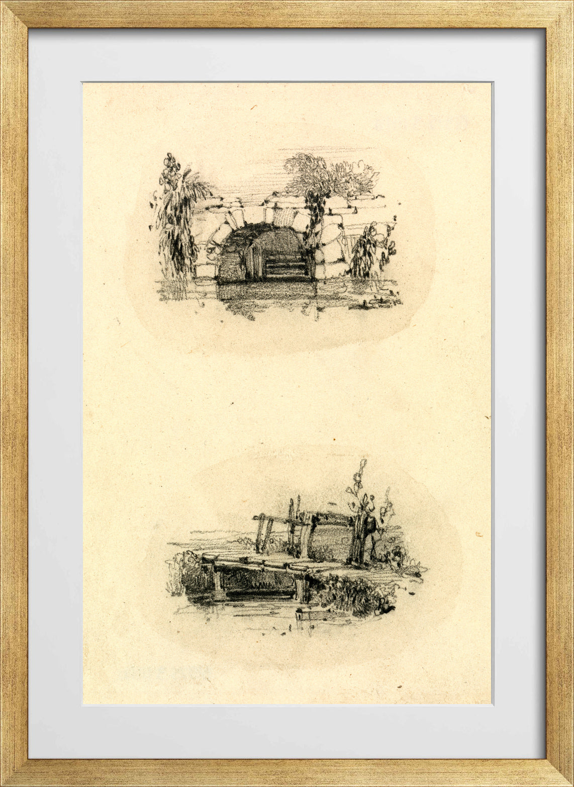 William Callow Print, Stone Bridge_ Wooden Footbridge in a gold frame