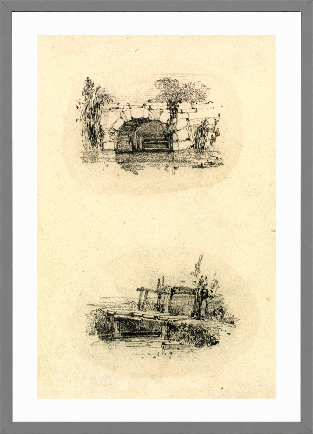 William Callow Print, Stone Bridge_ Wooden Footbridge in a light grey frame