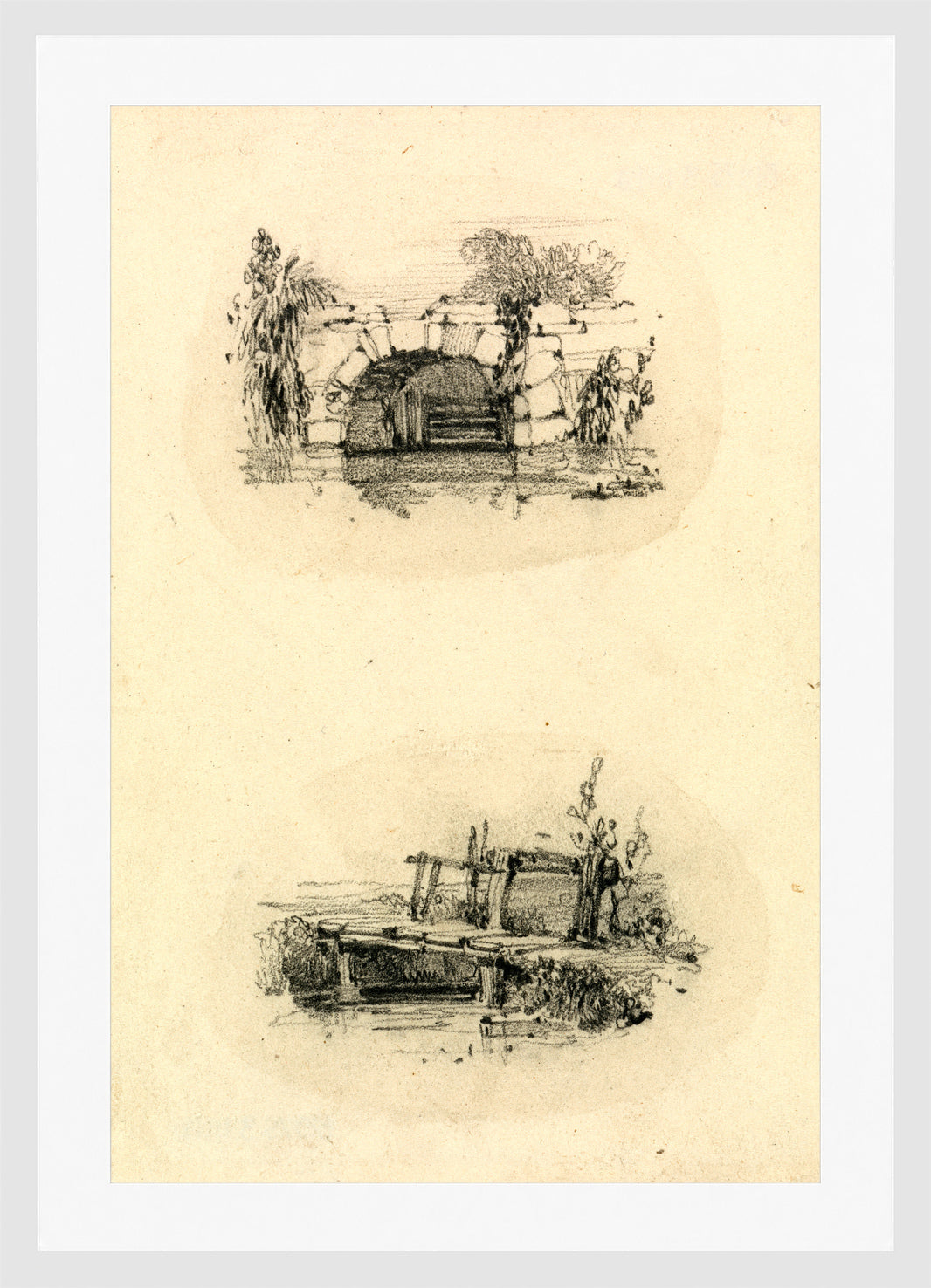 William Callow Print, Stone Bridge_ Wooden Footbridge in a white frame