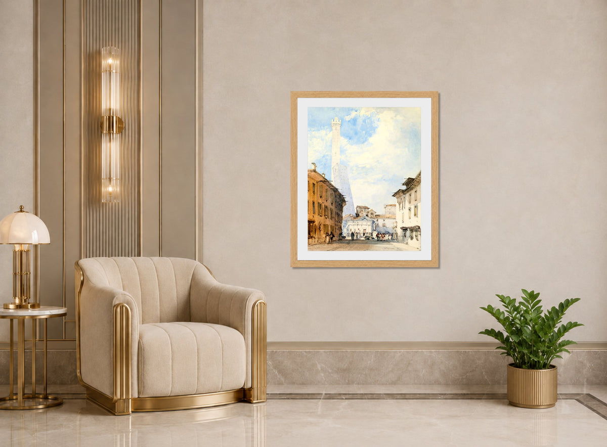 William Callow Print, Street In Bologna displayed in an Art Deco interior