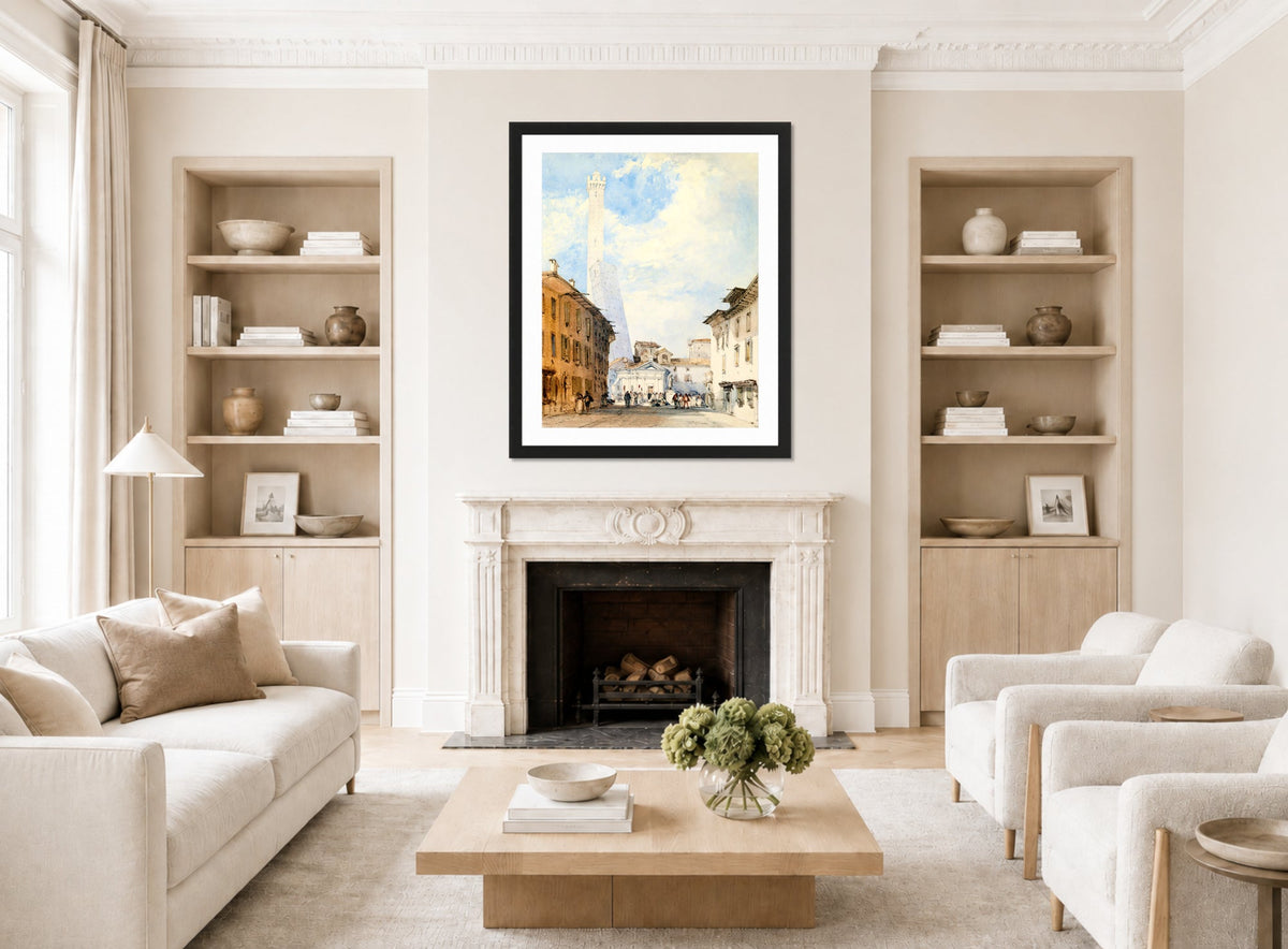 William Callow Print, Street In Bologna displayed in a Scandinavian living room