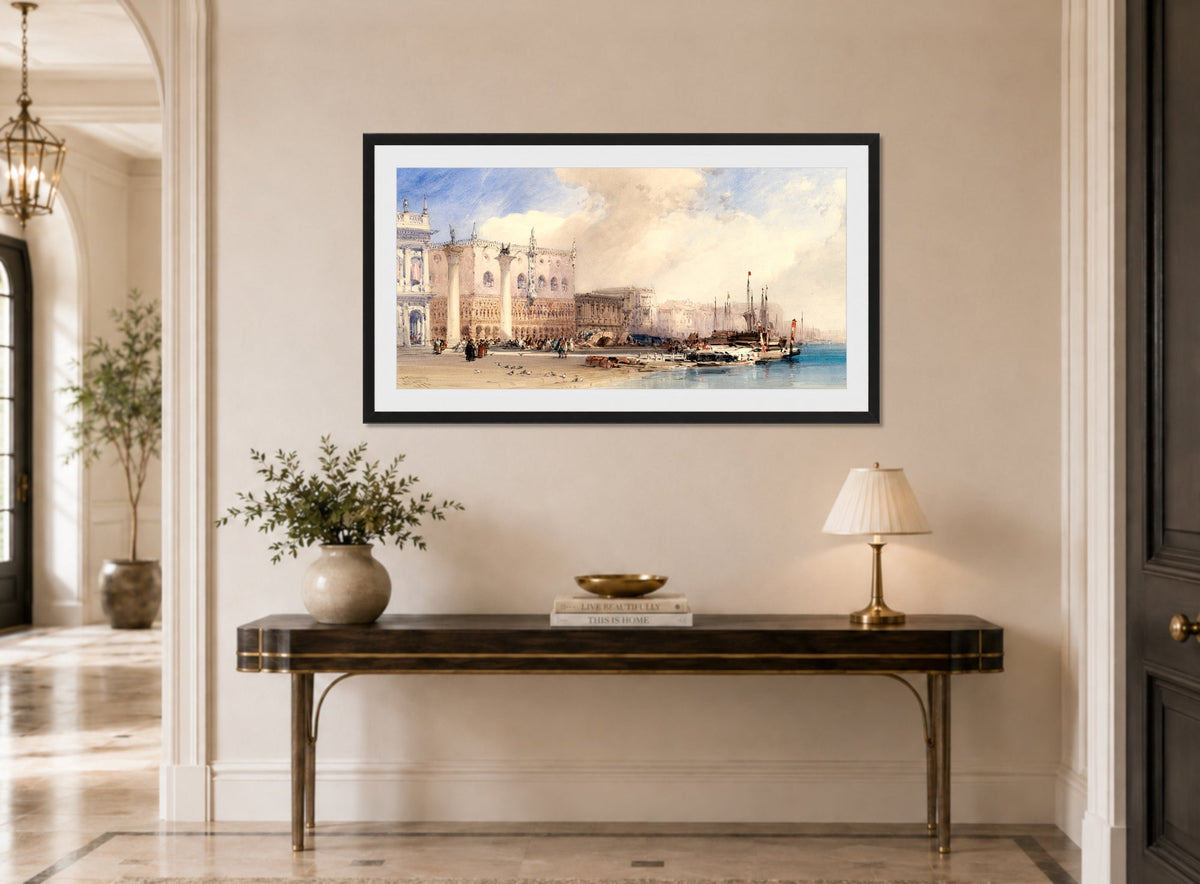 William Callow Print, The Doge’s Palace, Venice (1874) displayed above a console table