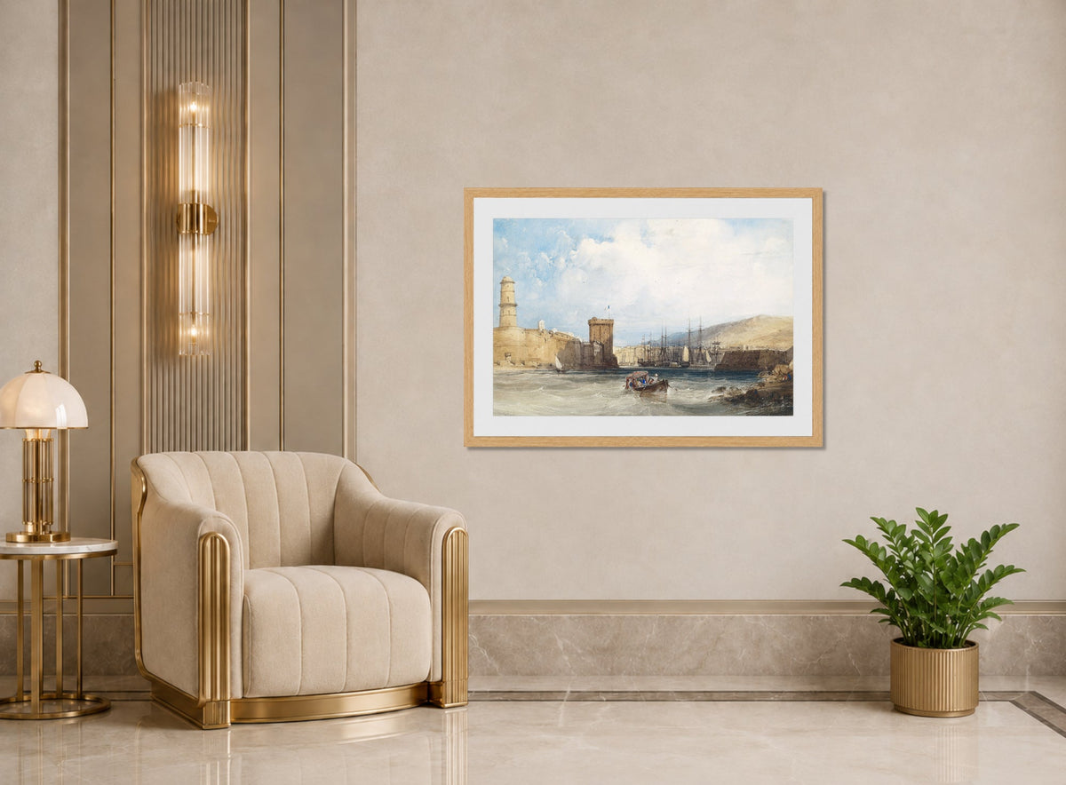 William Callow Print, The Entrance to the Harbor of Marseilles (1838) displayed in an Art Deco interior