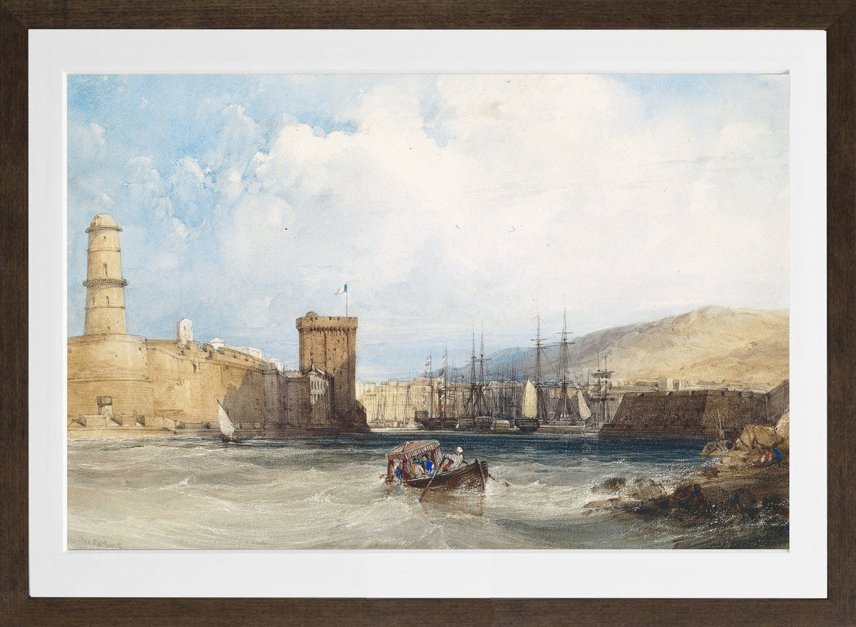 William Callow Print, The Entrance to the Harbor of Marseilles (1838) in a brown frame