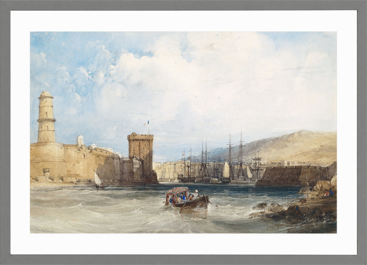 William Callow Print, The Entrance to the Harbor of Marseilles (1838) in a light grey frame