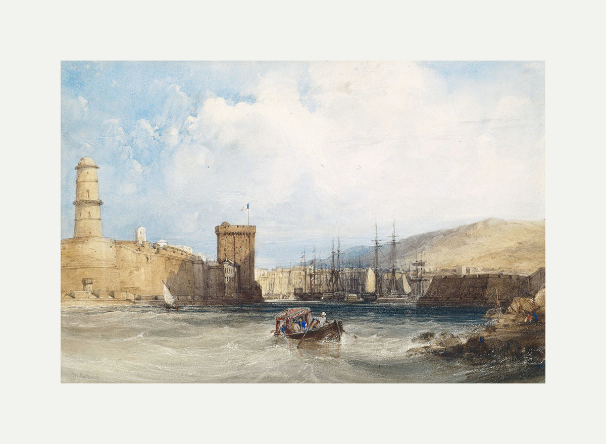 William Callow Print, The Entrance to the Harbor of Marseilles (1838) with an off-white border for rolled canvas