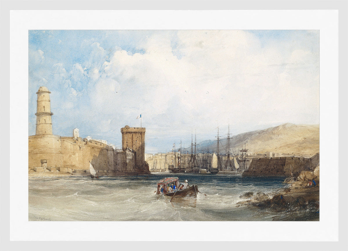 William Callow Print, The Entrance to the Harbor of Marseilles (1838) in a white frame