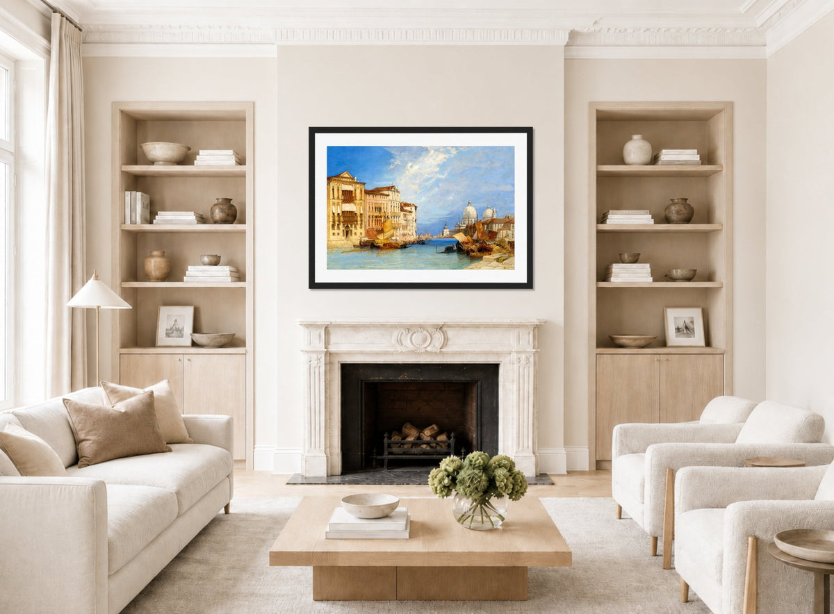 William Callow Print, The Grand Canal, Venice (1897) displayed in a Scandinavian living room