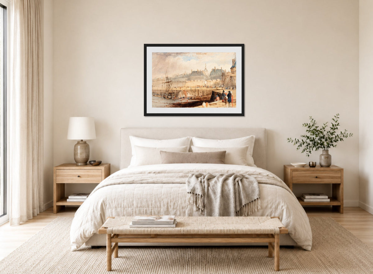 William Callow Print, The Harbor of St. Malo at Low Tide (c displayed above a bed
