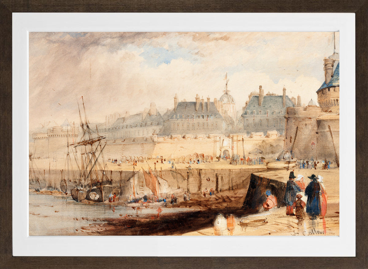 William Callow Print, The Harbor of St. Malo at Low Tide (c in a brown frame