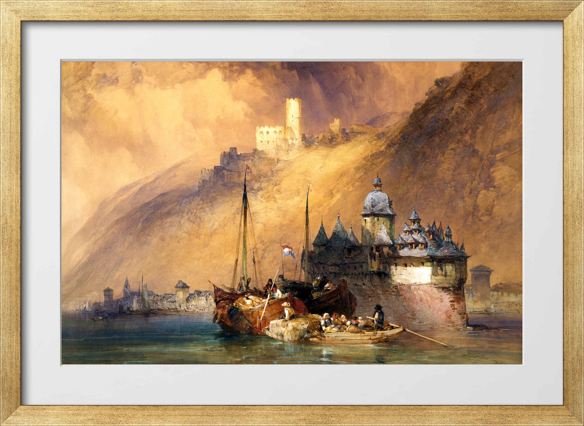 William Callow Print, The Phalz Castle on the Rhine (1847) in a gold frame