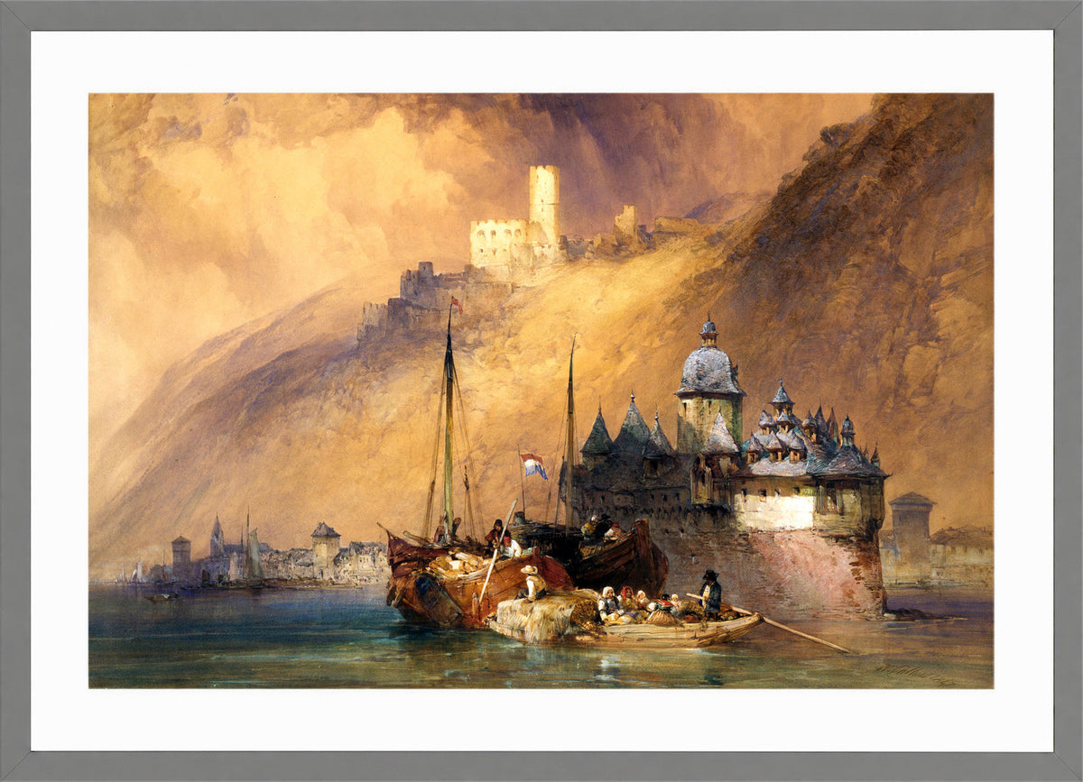 William Callow Print, The Phalz Castle on the Rhine (1847) in a light grey frame
