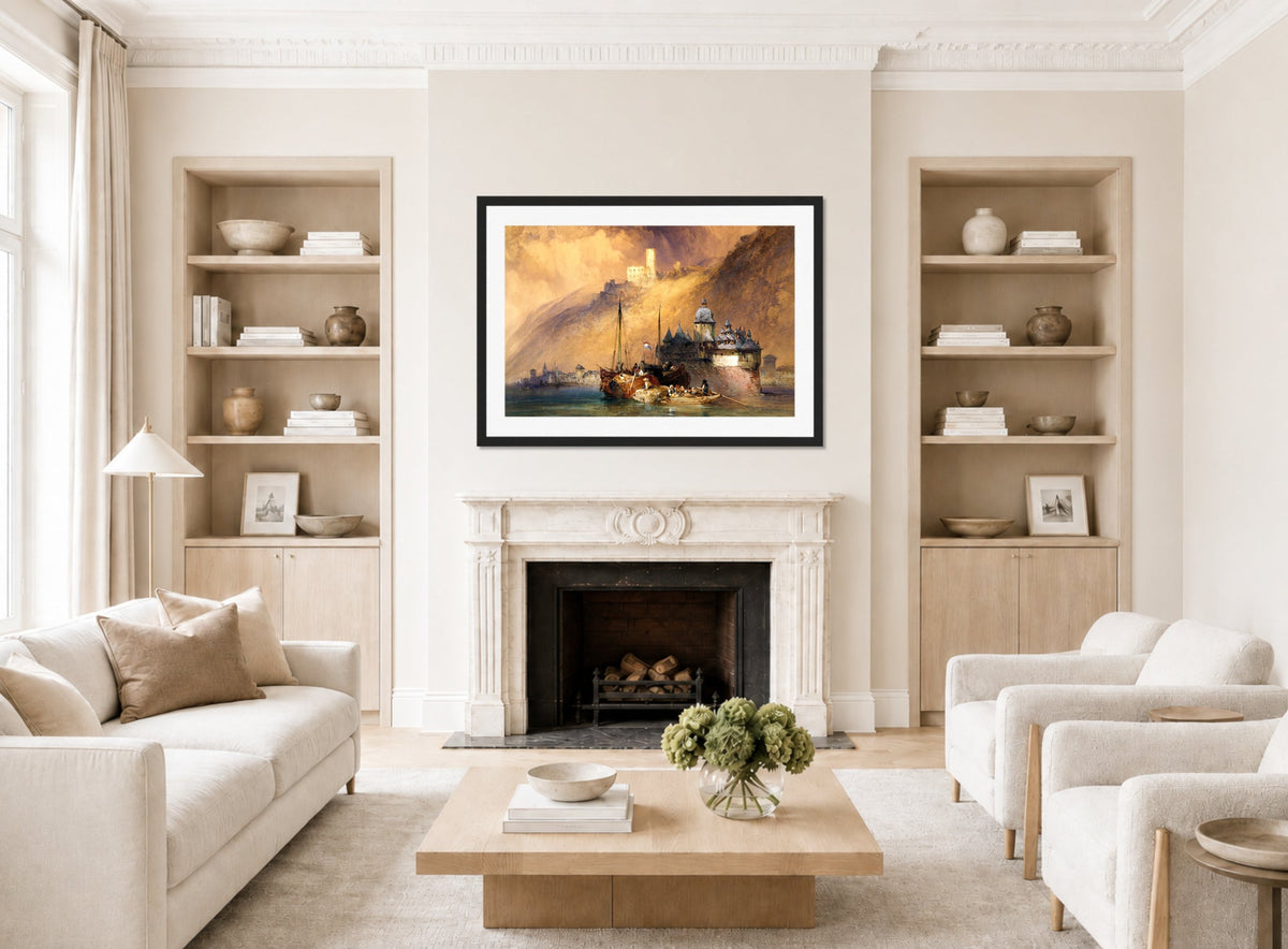 William Callow Print, The Phalz Castle on the Rhine (1847) displayed in a Scandinavian living room