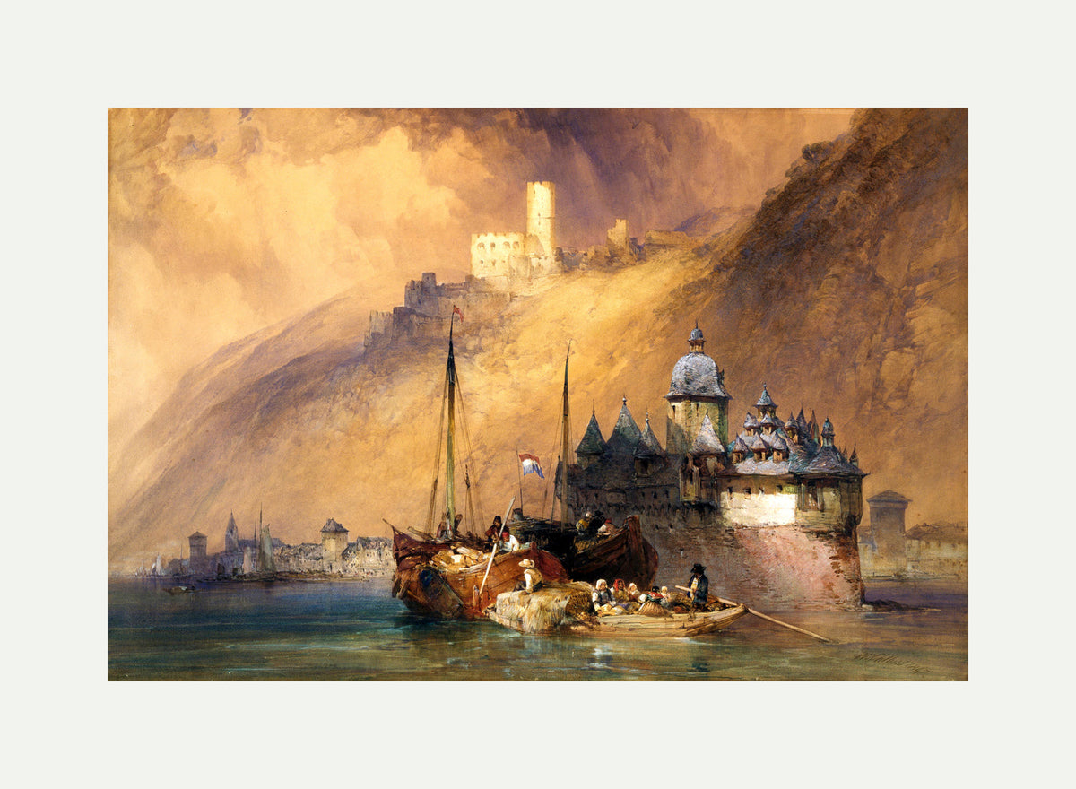 William Callow Print, The Phalz Castle on the Rhine (1847) with an off-white border for rolled canvas