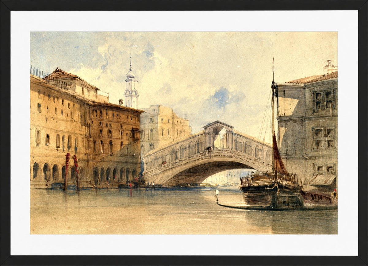 William Callow Print, The Rialto Bridge, Venice in a black frame
