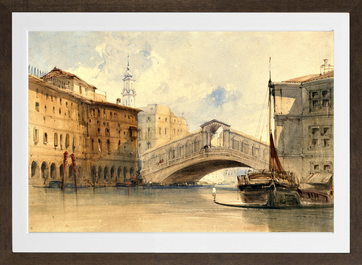 William Callow Print, The Rialto Bridge, Venice in a brown frame