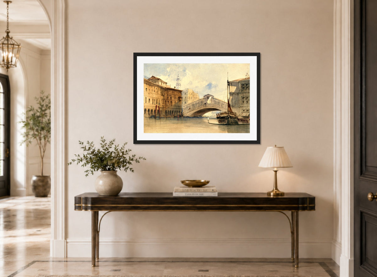 William Callow Print, The Rialto Bridge, Venice displayed above a console table