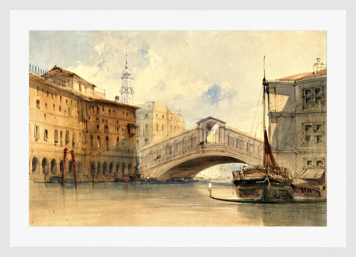 William Callow Print, The Rialto Bridge, Venice in a white frame