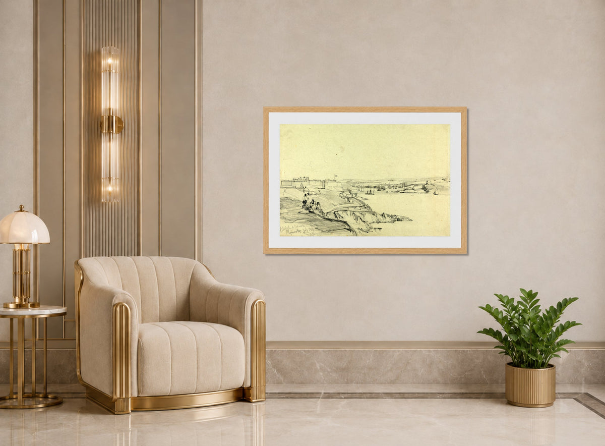 William Callow Print, The Royal Citadel and Cattewater, Plymouth (1842) displayed in an Art Deco interior