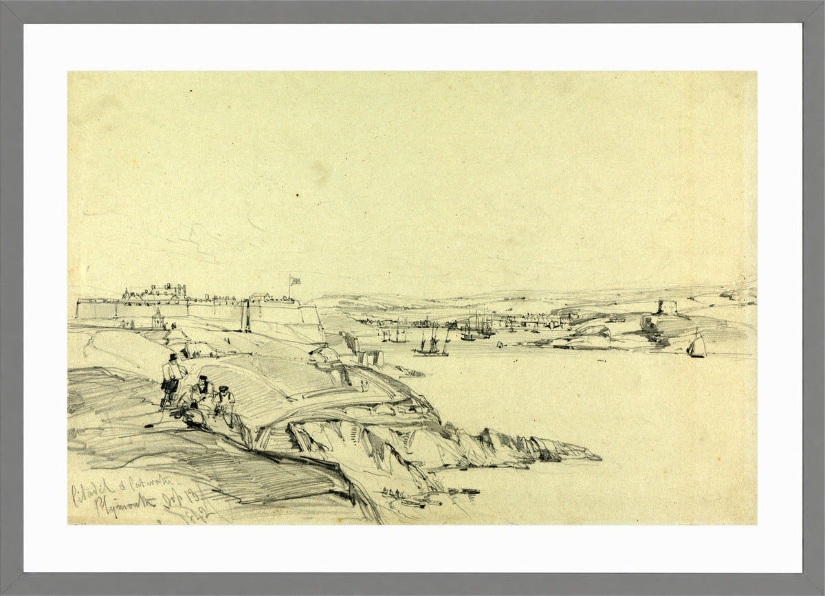 William Callow Print, The Royal Citadel and Cattewater, Plymouth (1842) in a light grey frame