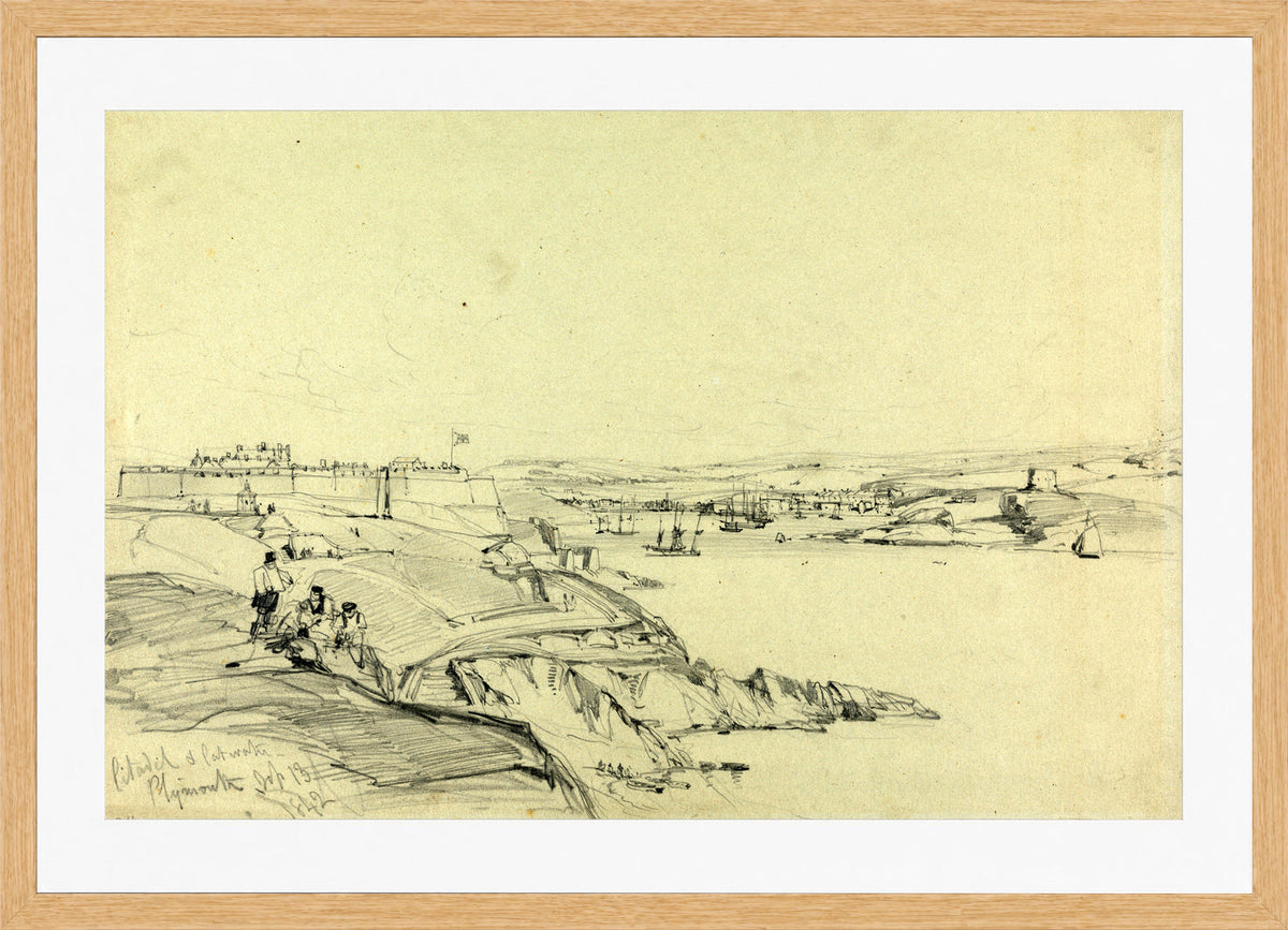 William Callow Print, The Royal Citadel and Cattewater, Plymouth (1842) in an oak frame