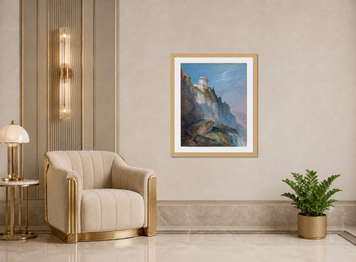 William Callow Print, The Temple of Vesta and the Falls at Tivoli (1859) displayed in an Art Deco interior