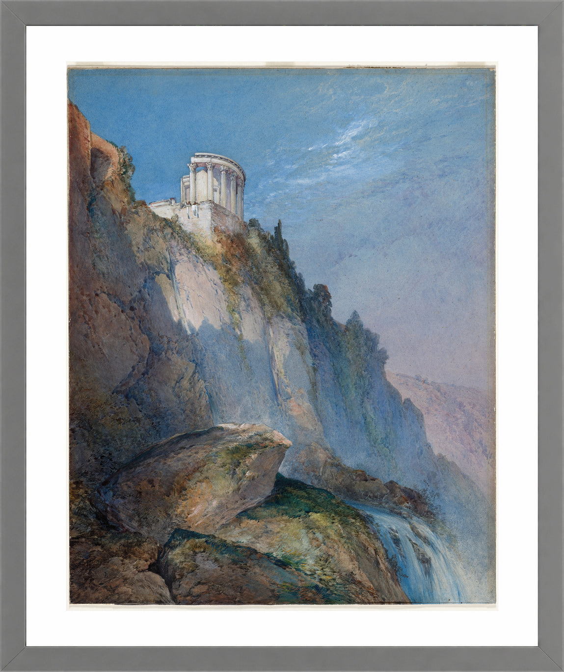 William Callow Print, The Temple of Vesta and the Falls at Tivoli (1859) in a light grey frame